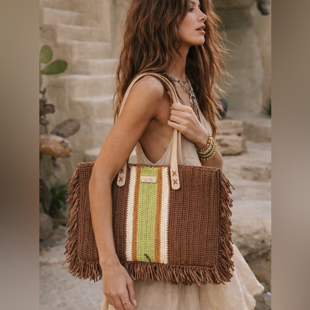 NWOT Nicole Miller Boho Brown and Green Tote Bag Oversized Straw Shoulder Bag - Picture 4 of 8